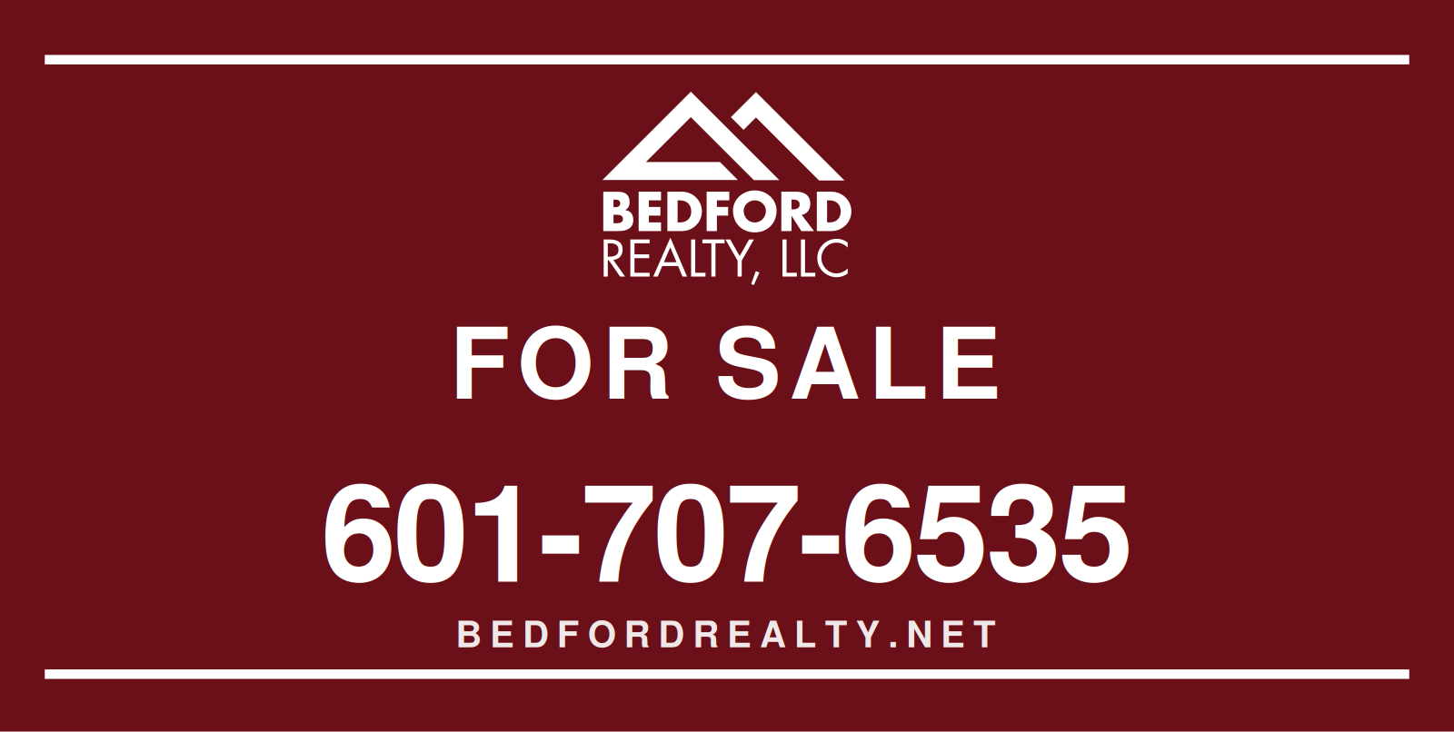 Bedford Realty 6ft by 3ft for-sale sign proof, showing the wordmark, office phone number and QR code.